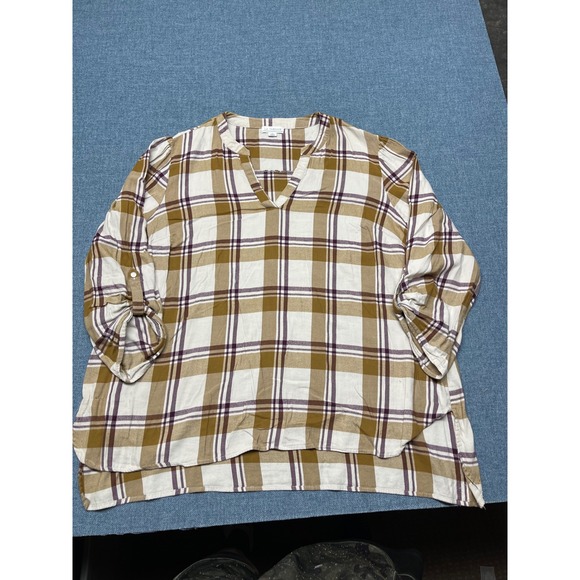 La Threads Tops - LA Threads Plaid V-Neck Roll Tab Sleeve Blouse Tan White Purple 2X Plus Size